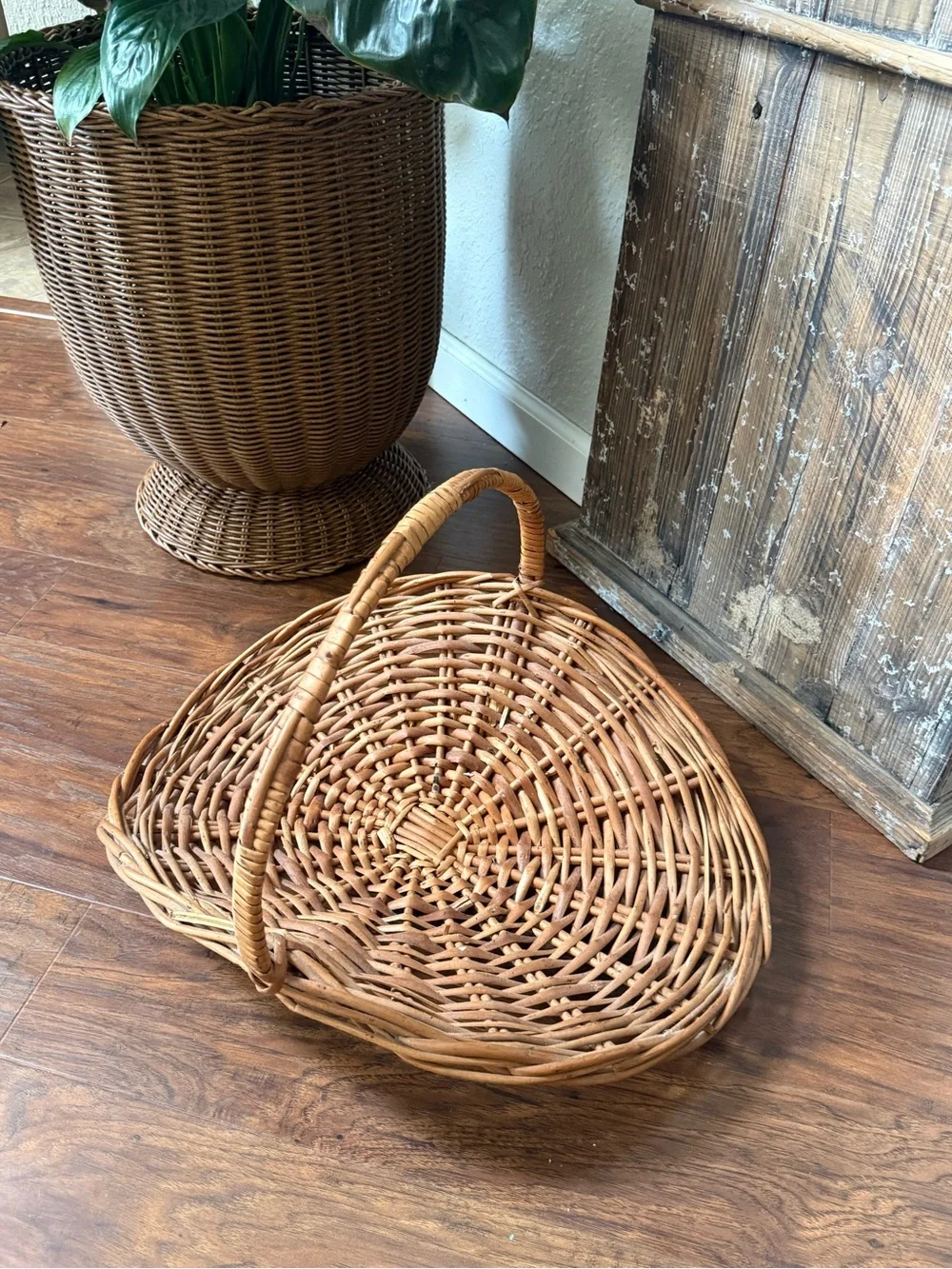 Large Mid Century French Style Flower Gathering Wicker Basket with Handle